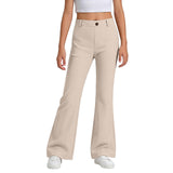 Girls School Trousers, Flared Leggings Kids Uniform Pants Stretchy Pull On Trousers with Pockets Comfortable High Waisted Tummy Control for Dance Sport Daily Wear