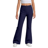 Girls School Trousers, Flared Leggings Kids Uniform Pants Stretchy Pull On Trousers with Pockets Comfortable High Waisted Tummy Control for Dance Sport Daily Wear