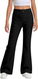 Girls School Trousers, Flared Leggings Kids Uniform Pants Stretchy Pull On Trousers with Pockets Comfortable High Waisted Tummy Control for Dance Sport Daily Wear