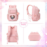 Girls School Backpack, Cute Kids Rucksack for Primary Secondary School, Kawaii Bookbag Aged 6-14 with Clear Heart Window & Pom Pom Charm