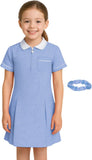 Girls Gingham School Dress, Kids Short Sleeve Zip up Check Print Pleated School Uniform Girls Summer Dress with Side Pockets and Hair Bobble, Ages 3-20
