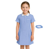 Girls Gingham School Dress, Kids Short Sleeve Zip up Check Print Pleated School Uniform Girls Summer Dress with Side Pockets and Hair Bobble, Ages 3-20