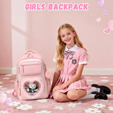 Girls School Backpack, Cute Kids Rucksack for Primary Secondary School, Kawaii Bookbag Aged 6-14 with Clear Heart Window & Pom Pom Charm