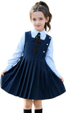 LOLANTA Girls Pleated Pinafore School Uniform Jumper Dress, Square Neck Sleeveless with Button Decoration, Anti-Wrinkle, 5-12 Years