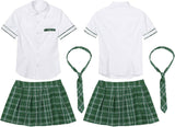 Oyolan Womens Schoolgirl Cosplay Uniform Outfits Short Sleeves Tie T-Shirt Pleated Plaid Skirt Sets