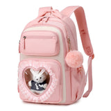 Girls School Backpack, Cute Kids Rucksack for Primary Secondary School, Kawaii Bookbag Aged 6-14 with Clear Heart Window & Pom Pom Charm