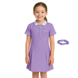 Girls Gingham School Dress, Kids Short Sleeve Zip up Check Print Pleated School Uniform Girls Summer Dress with Side Pockets and Hair Bobble, Ages 3-20