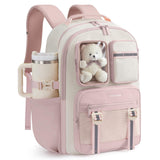 LOVEVOOK Cute School Backpack for Girls Ages 7-16, Bookbag with Plush Bear & Clear Display Pocket, Fits 15.6 Inch Laptop & 40oz Tumbler, Back to School Backpack for Elementary & Middle School