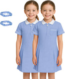 Girls Gingham School Dress, Pack of 2 Kids Short Sleeve Zip Up Pleated Check Print Summer Dress with Side Pockets and Hair Bobble, School Uniform Girls Ages 3-20