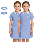 Girls Gingham School Dress, Pack of 2 Kids Short Sleeve Zip Up Pleated Check Print Summer Dress with Side Pockets and Hair Bobble, School Uniform Girls Ages 3-20