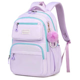 School Bag for Girls, Modern Contrast Color Kids Backpack for Primary High School Students, Fashion Bookbag Aged 6-12 with Furry Pom Pom