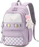 Amythe Girls Backpack, Kids School Bag with Cute Pendant, Purple | Elementary Middle Large BookBag for Teen Girls Grade 3-7, Lightweight Casual Daypack, Back to School / Travel, Fit Trolley