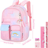 School Bags for Girls with Stationery Set, Refrigerator Door Kids Backpack Rucksack for Primary School, Lightweight Pink School Bag for 8-10 Years Old (Girls, Pink)