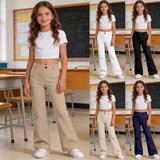 Girls School Trousers, Flared Leggings Kids Uniform Pants Stretchy Pull On Trousers with Pockets Comfortable High Waisted Tummy Control for Dance Sport Daily Wear