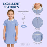 Girls Gingham School Dress, Pack of 2 Kids Short Sleeve Zip Up Pleated Check Print Summer Dress with Side Pockets and Hair Bobble, School Uniform Girls Ages 3-20