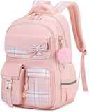 Girls Backpack, Kids Backpack for Girls School Bags with Pen Case, Bow Plaid Book Bag for Elementary Middle Primary High School College