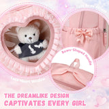 Girls School Backpack, Cute Kids Rucksack for Primary Secondary School, Kawaii Bookbag Aged 6-14 with Clear Heart Window & Pom Pom Charm