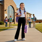 Girls School Trousers, Flared Leggings Kids Uniform Pants Stretchy Pull On Trousers with Pockets Comfortable High Waisted Tummy Control for Dance Sport Daily Wear