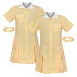 janisramone Girls' Gingham School Dress, 2 Pieces Short Sleeve Checked Pattern Summer Dress Zip Pleated School Uniform Girls with Side Pockets and Hair Scrunchie, Age 3-18