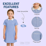 Girls Gingham School Dress, Kids Short Sleeve Zip up Check Print Pleated School Uniform Girls Summer Dress with Side Pockets and Hair Bobble, Ages 3-20