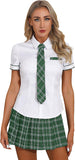 Oyolan Womens Schoolgirl Cosplay Uniform Outfits Short Sleeves Tie T-Shirt Pleated Plaid Skirt Sets