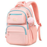 School Bag for Girls, Modern Contrast Color Kids Backpack for Primary High School Students, Fashion Bookbag Aged 6-12 with Furry Pom Pom