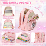 Girls School Backpack, Cute Kids Rucksack for Primary Secondary School, Kawaii Bookbag Aged 6-14 with Clear Heart Window & Pom Pom Charm