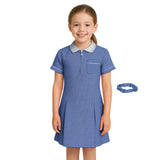 Girls Gingham School Dress, Kids Short Sleeve Zip up Check Print Pleated School Uniform Girls Summer Dress with Side Pockets and Hair Bobble, Ages 3-20