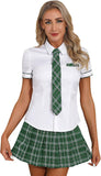 Oyolan Womens Schoolgirl Cosplay Uniform Outfits Short Sleeves Tie T-Shirt Pleated Plaid Skirt Sets