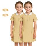 Girls Gingham School Dress, Pack of 2 Kids Short Sleeve Zip Up Pleated Check Print Summer Dress with Side Pockets and Hair Bobble, School Uniform Girls Ages 3-20