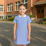 Pack of 3 Girls Summer Gingham Dress, Short Sleeves Pleated School Uniform Girls Dress, Zip Up Collared Neck with Front Pocket and Hair Bobble, Breathable Girl Summer Dress UK 3-20