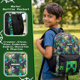 Minecraft Backpack for Boys - Creeper School Bag Kids Rucksack Gift, Black | Adjustable Straps, Fan Merch Book Bag for School, Creeper Keyring Rucksack, Graphic Print Zip-Up School Bag Boys