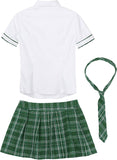 Oyolan Womens Schoolgirl Cosplay Uniform Outfits Short Sleeves Tie T-Shirt Pleated Plaid Skirt Sets
