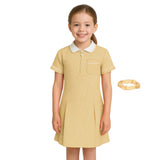Girls Gingham School Dress, Kids Short Sleeve Zip up Check Print Pleated School Uniform Girls Summer Dress with Side Pockets and Hair Bobble, Ages 3-20