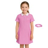 Girls Gingham School Dress, Kids Short Sleeve Zip up Check Print Pleated School Uniform Girls Summer Dress with Side Pockets and Hair Bobble, Ages 3-20