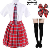 Elibelle Japanese Tartan Pleated School Uniform Cosplay Costumes with Socks Eyeglass Frame Set