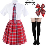 Elibelle Japanese Tartan Pleated School Uniform Cosplay Costumes with Socks Eyeglass Frame Set