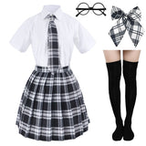 Elibelle Japanese Tartan Pleated School Uniform Cosplay Costumes with Socks Eyeglass Frame Set