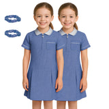 Girls Gingham School Dress, Pack of 2 Kids Short Sleeve Zip Up Pleated Check Print Summer Dress with Side Pockets and Hair Bobble, School Uniform Girls Ages 3-20