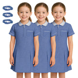Pack of 3 Girls Summer Gingham Dress, Short Sleeves Pleated School Uniform Girls Dress, Zip Up Collared Neck with Front Pocket and Hair Bobble, Breathable Girl Summer Dress UK 3-20