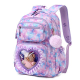 Girls School Backpack, Cute Kids Rucksack for Primary Secondary School, Kawaii Bookbag Aged 6-14 with Clear Heart Window & Pom Pom Charm