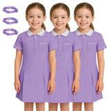 Pack of 3 Girls Summer Gingham Dress, Short Sleeves Pleated School Uniform Girls Dress, Zip Up Collared Neck with Front Pocket and Hair Bobble, Breathable Girl Summer Dress UK 3-20