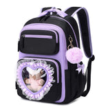 Girls School Backpack, Cute Kids Rucksack for Primary Secondary School, Kawaii Bookbag Aged 6-14 with Clear Heart Window & Pom Pom Charm