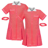 janisramone Girls' Gingham School Dress, 2 Pieces Short Sleeve Checked Pattern Summer Dress Zip Pleated School Uniform Girls with Side Pockets and Hair Scrunchie, Age 3-18