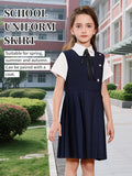 LOLANTA Girls Pleated Pinafore School Uniform Jumper Dress, Square Neck Sleeveless with Button Decoration, Anti-Wrinkle, 5-12 Years