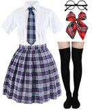 Elibelle Japanese Tartan Pleated School Uniform Cosplay Costumes with Socks Eyeglass Frame Set