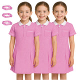 Pack of 3 Girls Summer Gingham Dress, Short Sleeves Pleated School Uniform Girls Dress, Zip Up Collared Neck with Front Pocket and Hair Bobble, Breathable Girl Summer Dress UK 3-20
