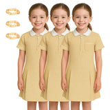 Pack of 3 Girls Summer Gingham Dress, Short Sleeves Pleated School Uniform Girls Dress, Zip Up Collared Neck with Front Pocket and Hair Bobble, Breathable Girl Summer Dress UK 3-20
