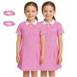 Girls Gingham School Dress, Pack of 2 Kids Short Sleeve Zip Up Pleated Check Print Summer Dress with Side Pockets and Hair Bobble, School Uniform Girls Ages 3-20