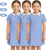 Pack of 3 Girls Summer Gingham Dress, Short Sleeves Pleated School Uniform Girls Dress, Zip Up Collared Neck with Front Pocket and Hair Bobble, Breathable Girl Summer Dress UK 3-20